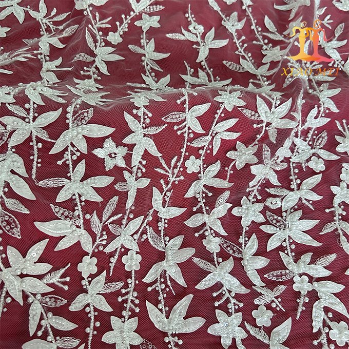 High quality 100% polyester 3d flower embroidery bridal beaded couture lace fabric XM-BF0604