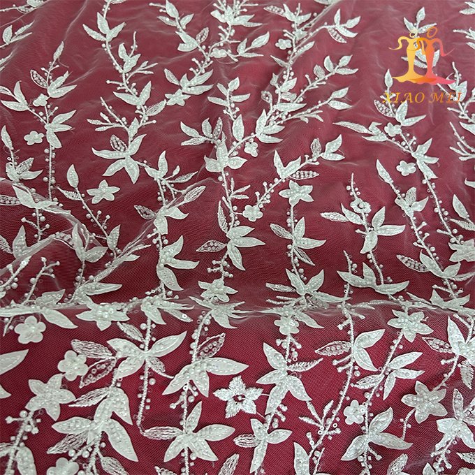 High quality 100% polyester 3d flower embroidery bridal beaded couture lace fabric XM-BF0604