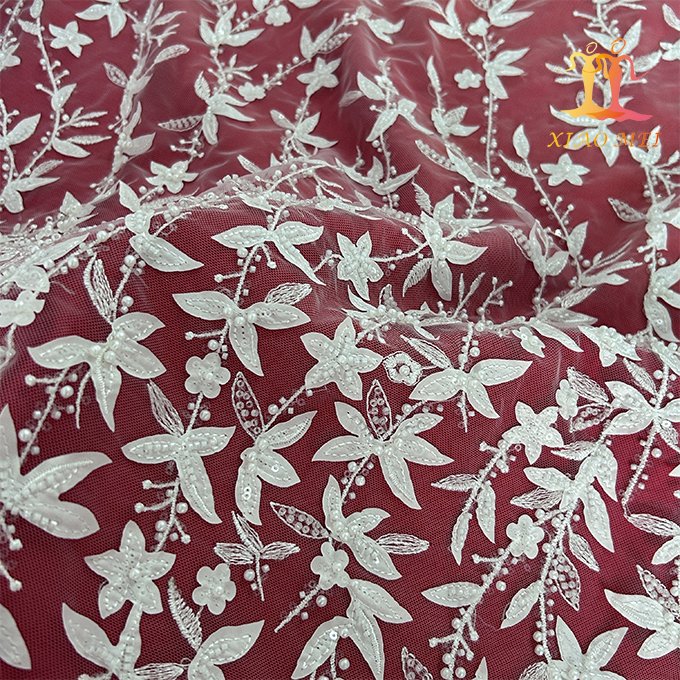 High quality 100% polyester 3d flower embroidery bridal beaded couture lace fabric XM-BF0604