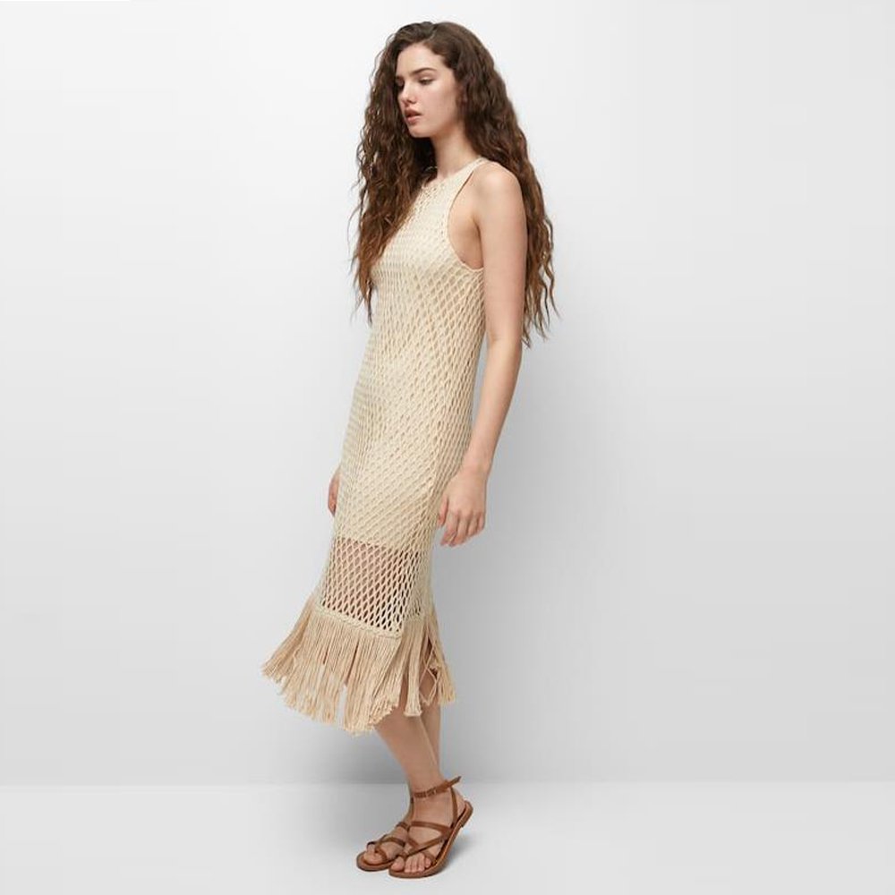 New Wholesale Design Vintage Dresses Knit Dresses with Fringe Hem Jersey Dress for Women Summer OEM Service Long Sleeve Hole -