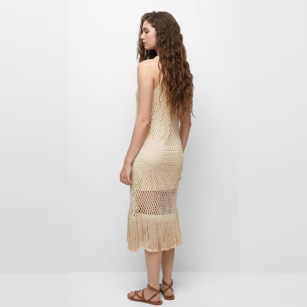 New Wholesale Design Vintage Dresses Knit Dresses with Fringe Hem Jersey Dress for Women Summer OEM Service Long Sleeve Hole -