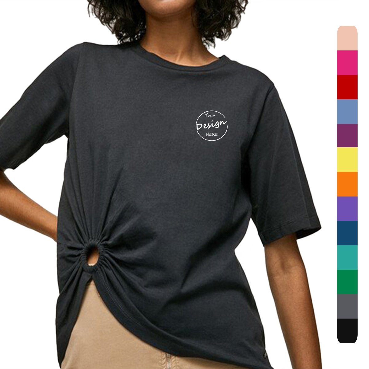Custom Women Short Sleeved Hem Irregular T-shirt Short Sleeved T-shirt Plus Size Graphic T shirts With Ring DecorationFor Women