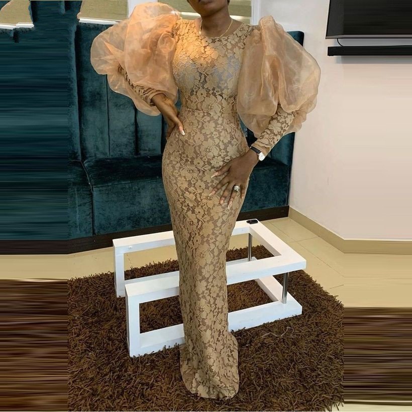 EV049 African Lace Prom Dresses Long Puff Sleeses Mermaid Evening Dresses Arabic Aso Ebi robe de soiree Plus Size Formal Gown