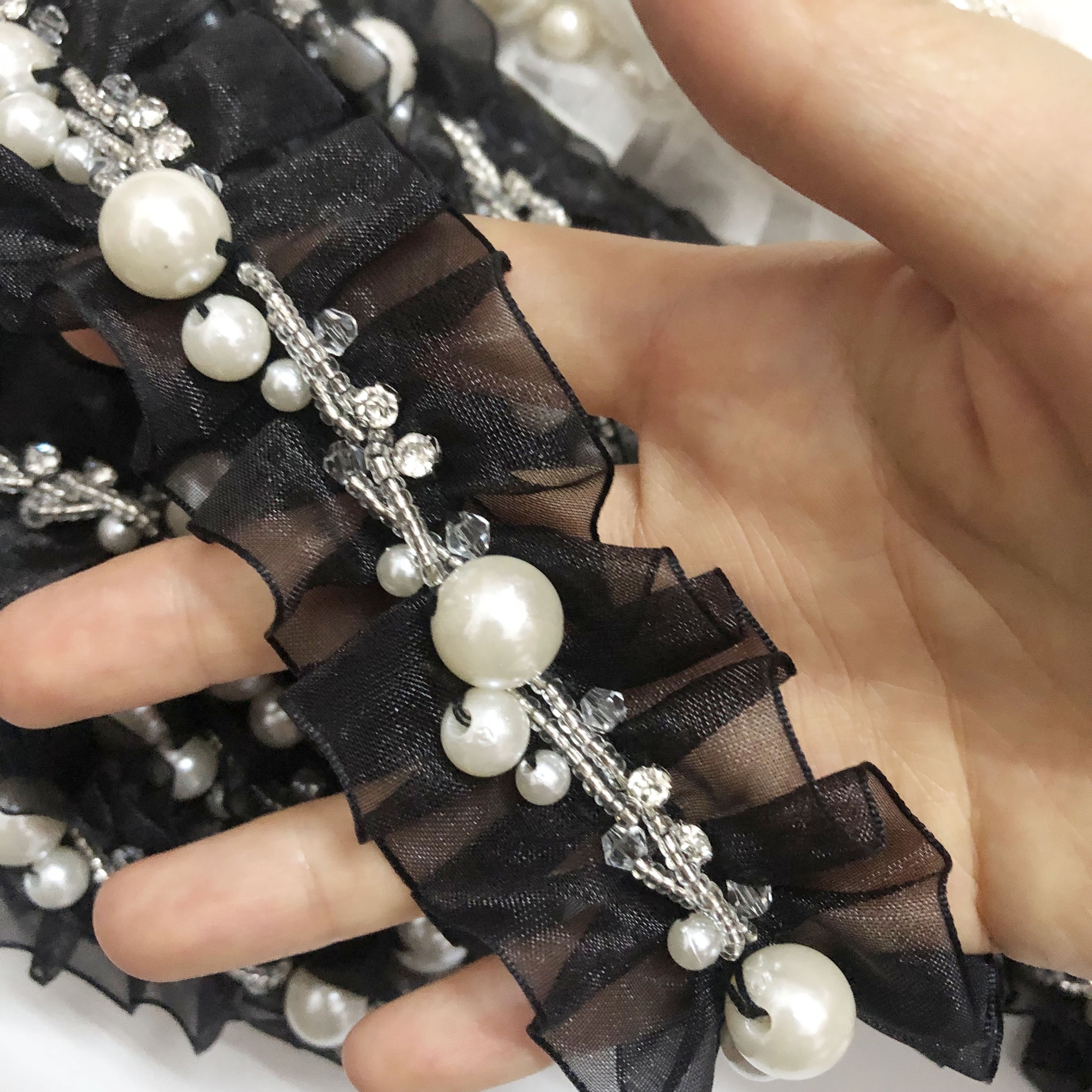 Garment DIY accessories pleated stones beads pearls organza lace trim decoration LT2546B