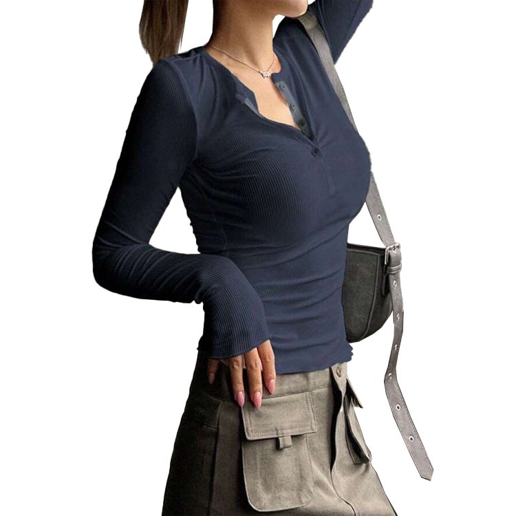 Custom LOGO Winter Plain Solid Color Button Ribbed Tops Women T Shirt Slim Knitted T Shirt For Women Blouses Shirts