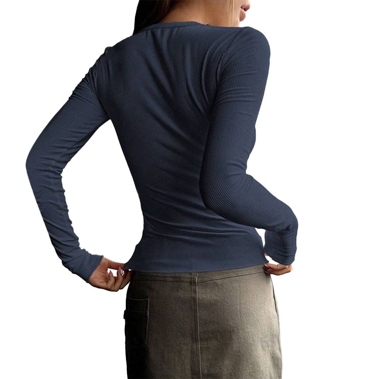 Custom LOGO Winter Plain Solid Color Button Ribbed Tops Women T Shirt Slim Knitted T Shirt For Women Blouses Shirts
