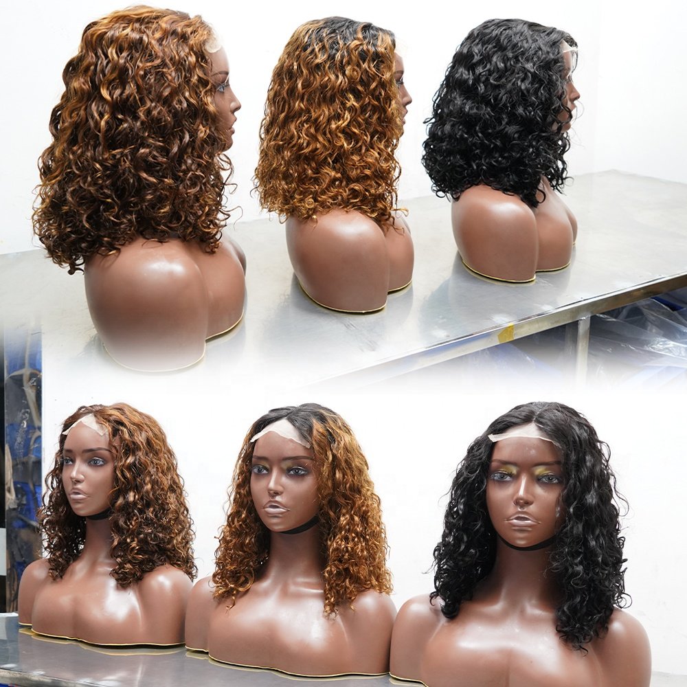 Cheap Water Curly Natural Colored Bob Wigs Short Bob Wig Highlight T part Lace Frontal Wigs For Black Women