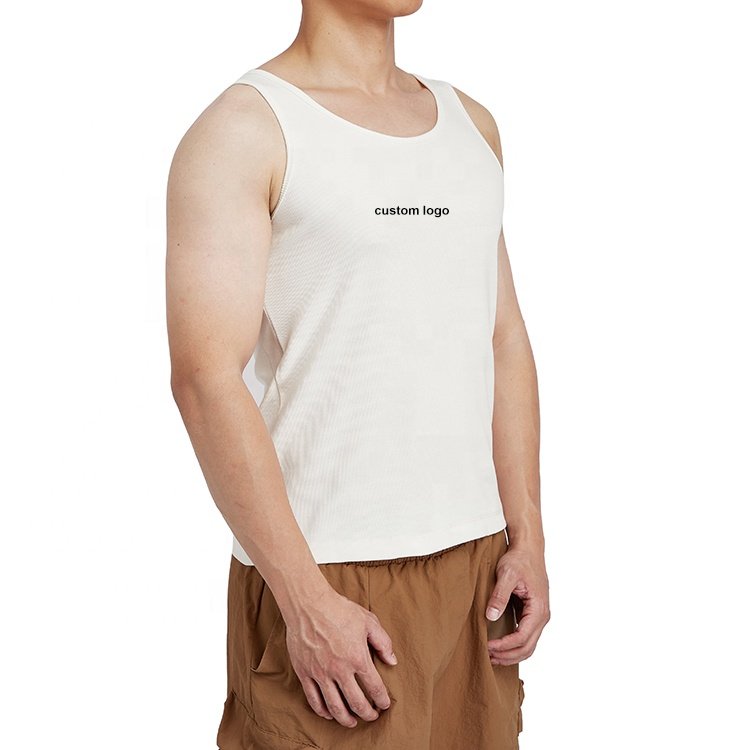 custom logo gym printed thick material elastin ribbed fleece 100% cotton blank solid regular knit basic undershirts tank top