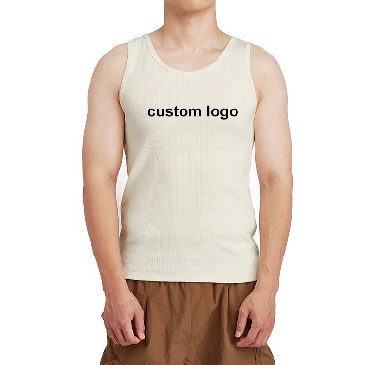 custom logo gym printed thick material elastin ribbed fleece 100% cotton blank solid regular knit basic undershirts tank top