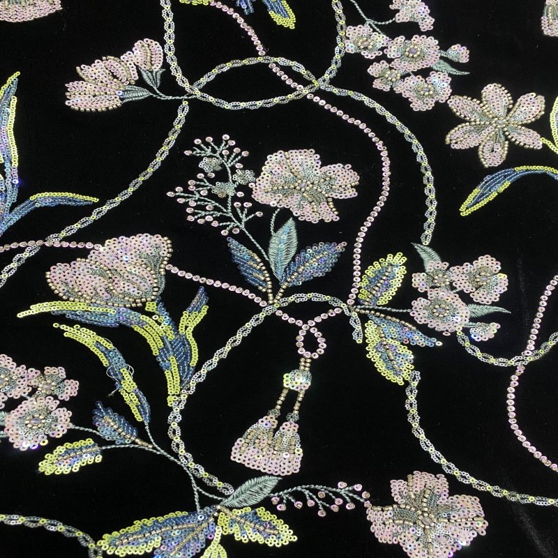 new fashion luxury black stretchy thick winter embroidery sequins flower leaves velvet fabric for abaya wedding party clothing