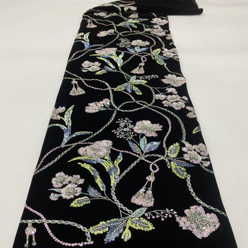new fashion luxury black stretchy thick winter embroidery sequins flower leaves velvet fabric for abaya wedding party clothing