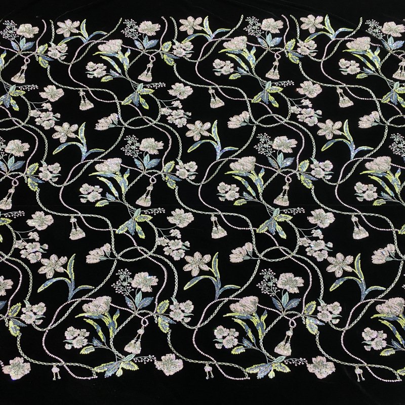new fashion luxury black stretchy thick winter embroidery sequins flower leaves velvet fabric for abaya wedding party clothing