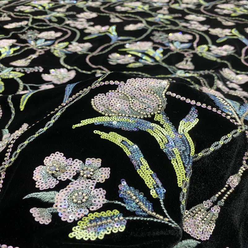new fashion luxury black stretchy thick winter embroidery sequins flower leaves velvet fabric for abaya wedding party clothing