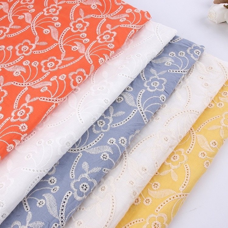 China textile cloth white embroidered swiss voile eyelet 100% cotton embroidery fabric for women dress