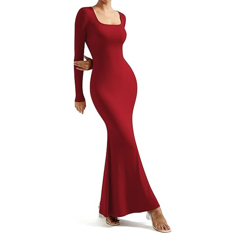 SUUKSESS Women Ribbed Maxi Long Sleeve Dress Square Neck Sexy Bodycon Dresses
