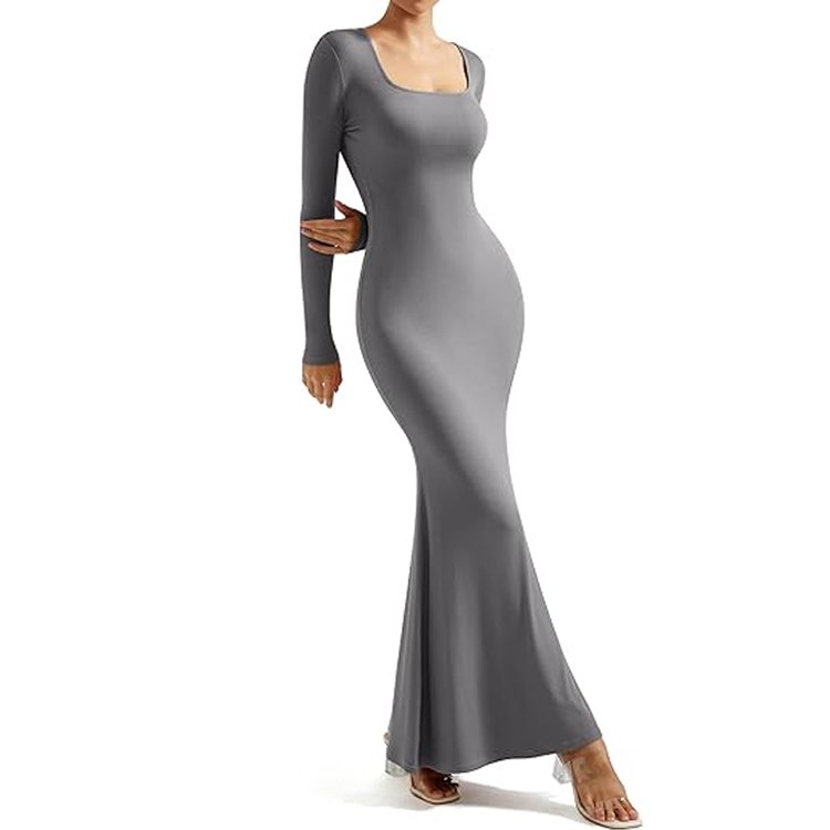 SUUKSESS Women Ribbed Maxi Long Sleeve Dress Square Neck Sexy Bodycon Dresses