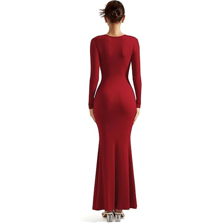 SUUKSESS Women Ribbed Maxi Long Sleeve Dress Square Neck Sexy Bodycon Dresses