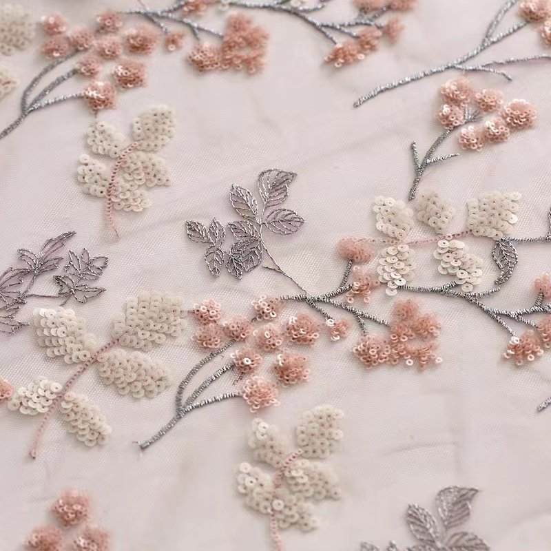 Fashion plum blossom double layer sequin embroidered mesh gold thread pink sequin fabric