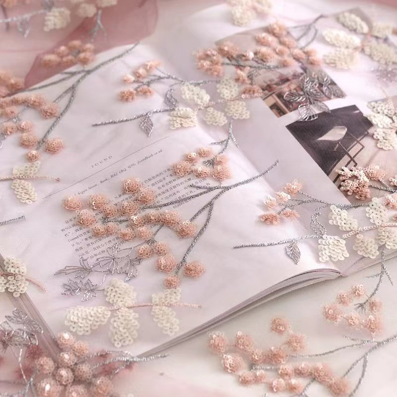Fashion plum blossom double layer sequin embroidered mesh gold thread pink sequin fabric