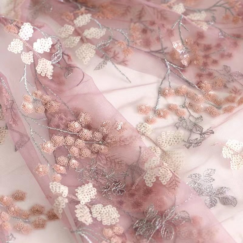Fashion plum blossom double layer sequin embroidered mesh gold thread pink sequin fabric