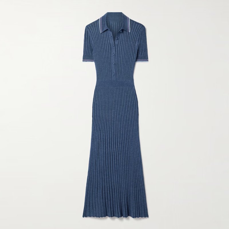 Knitwear manufacturer custom spring summer polo collar short sleeved single breasted ribbed knit women sweater midi dress