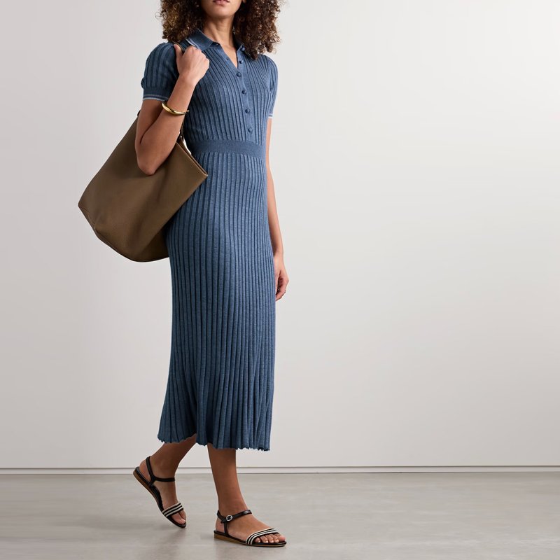 Knitwear manufacturer custom spring summer polo collar short sleeved single breasted ribbed knit women sweater midi dress