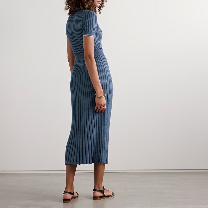 Knitwear manufacturer custom spring summer polo collar short sleeved single breasted ribbed knit women sweater midi dress