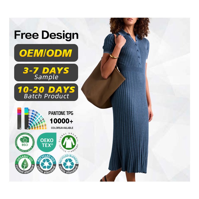 Knitwear manufacturer custom spring summer polo collar short sleeved single breasted ribbed knit women sweater midi dress