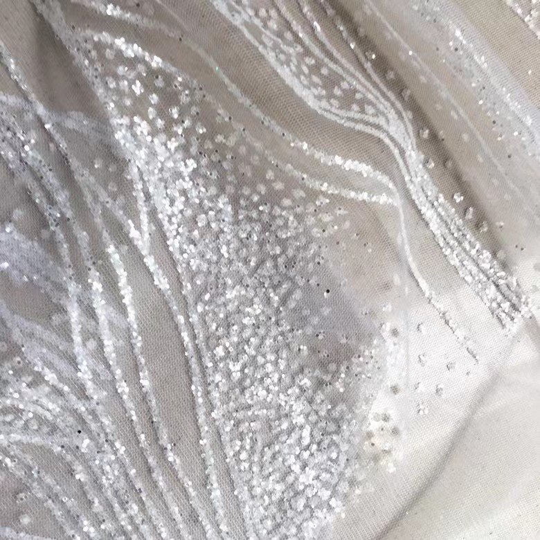 Dream Silver Water Wave Shining Embroidery Mesh Dress Wedding Dress Handmade Fabric MF115