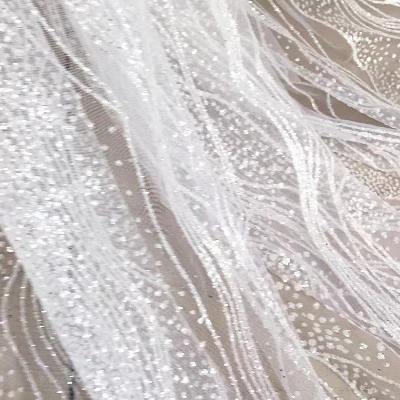 Dream Silver Water Wave Shining Embroidery Mesh Dress Wedding Dress Handmade Fabric MF115