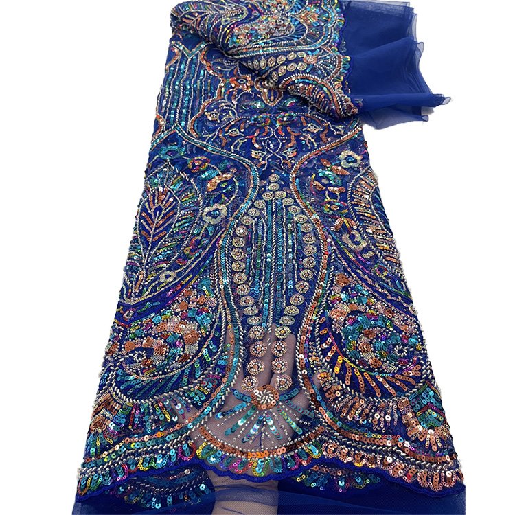 Royal Blue Nigerian Lace Fabric Colorful Sequin Beads Embroidery Fabric