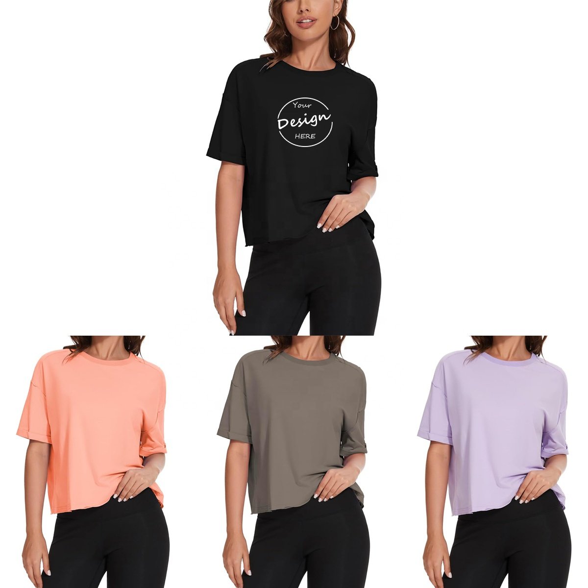 Custom Silk Screen Print Women's Premium 180Gsm Cotton Breathable Casual Tshirt Rolled Up Sleeves Baggy Drop Shoulder T shirt