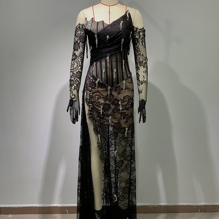 Summer Sleeveless Sexy See Through Chic Gloves Asymmetric Evening Lace Rhinestone Dress