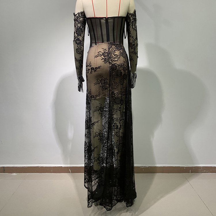 Summer Sleeveless Sexy See Through Chic Gloves Asymmetric Evening Lace Rhinestone Dress