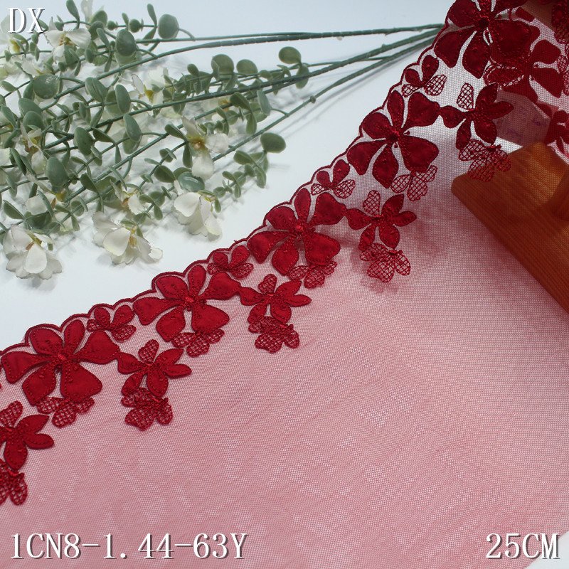 Mesh Embroidered Tulle Lace fabric 25cm wide Red Embroidery fancy floral Lace for Women sexy Underwear