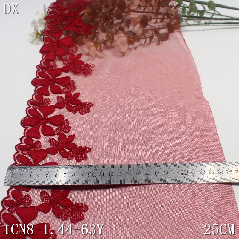 Mesh Embroidered Tulle Lace fabric 25cm wide Red Embroidery fancy floral Lace for Women sexy Underwear
