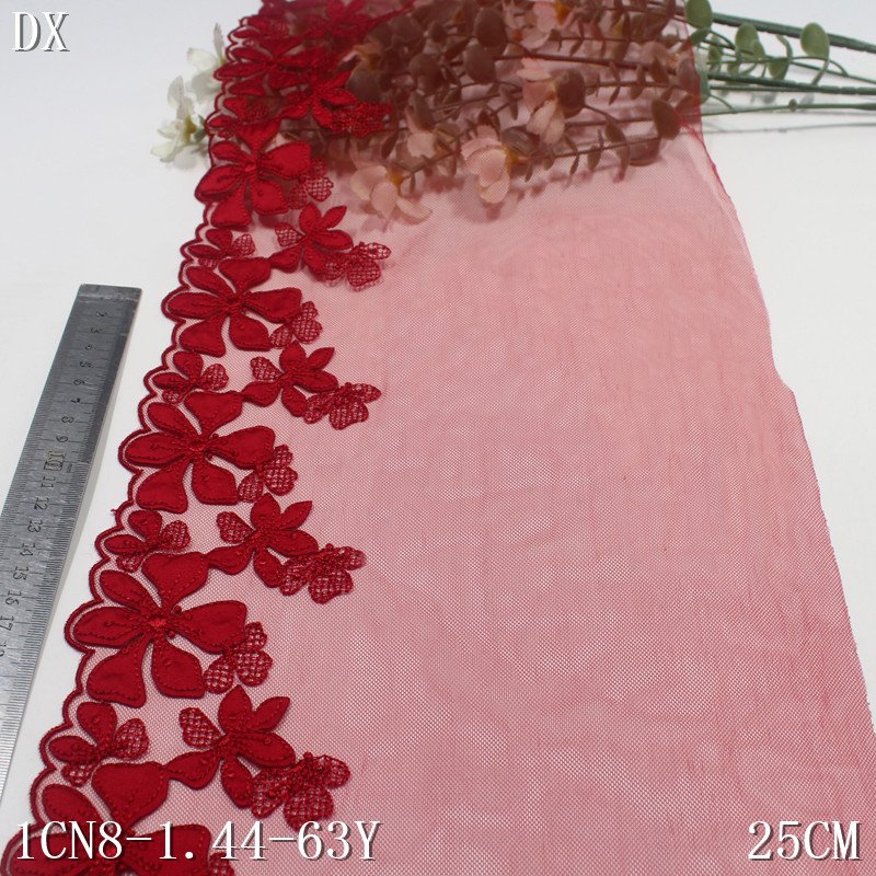 Mesh Embroidered Tulle Lace fabric 25cm wide Red Embroidery fancy floral Lace for Women sexy Underwear