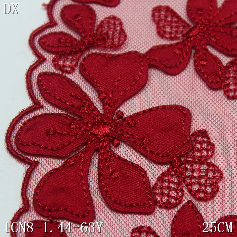 Mesh Embroidered Tulle Lace fabric 25cm wide Red Embroidery fancy floral Lace for Women sexy Underwear