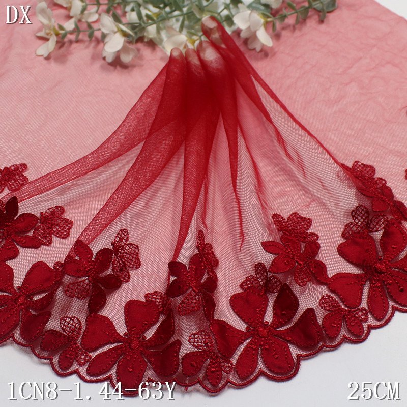 Mesh Embroidered Tulle Lace fabric 25cm wide Red Embroidery fancy floral Lace for Women sexy Underwear