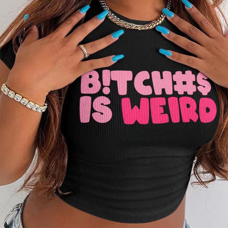 Women's New Fashion Crewneck Slim Fit Cropped T-Shirt Wholesale Rib Letter Print Casual Crop Tops Short Knitted Clothing