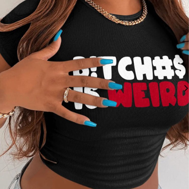 Women's New Fashion Crewneck Slim Fit Cropped T-Shirt Wholesale Rib Letter Print Casual Crop Tops Short Knitted Clothing