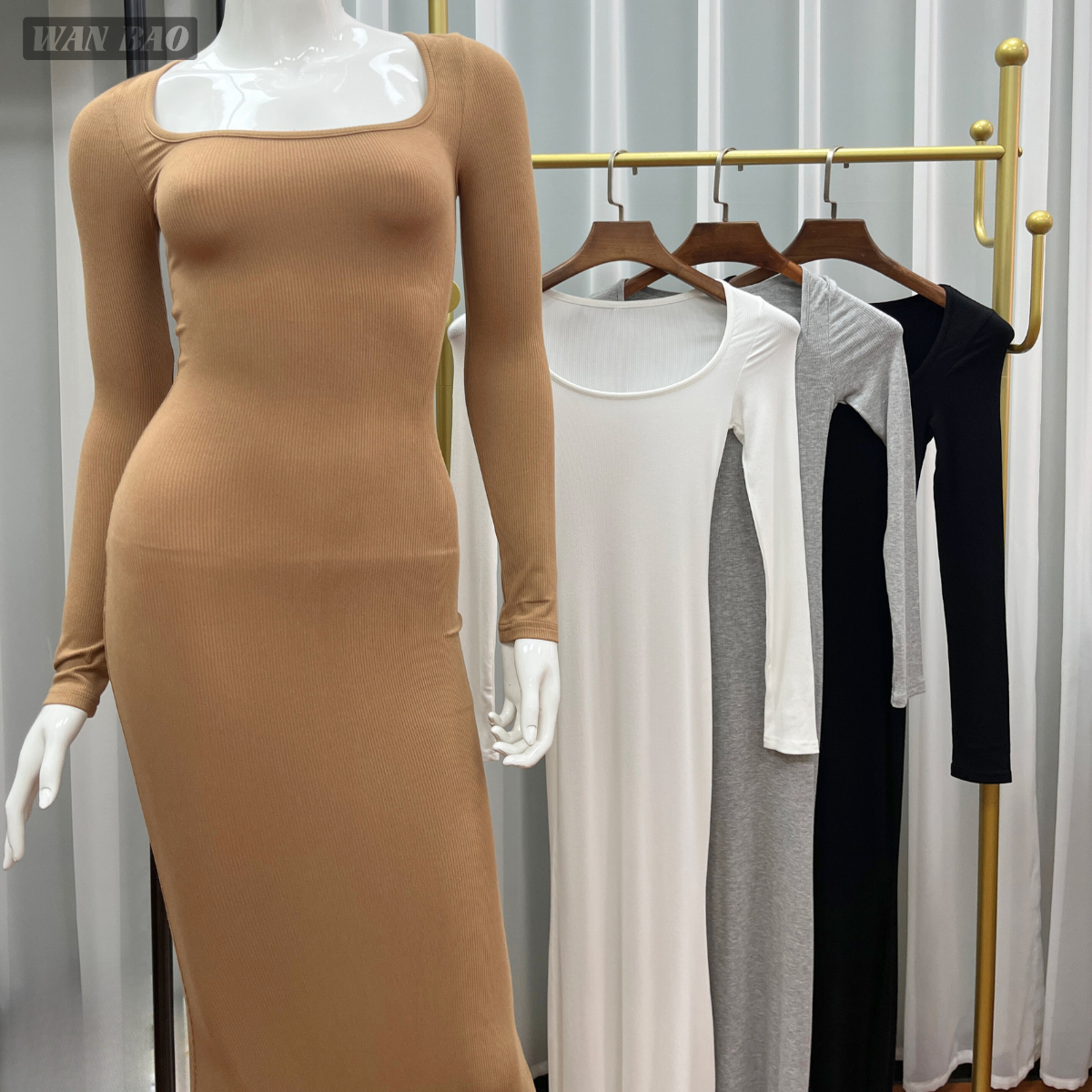 Wanbao DR-3004 Custom Luxury Maxi Casual Bodycon Dress Women Elegant Sexy Elegant Knit Cotton Long Sleeve Solid Pattern Winter