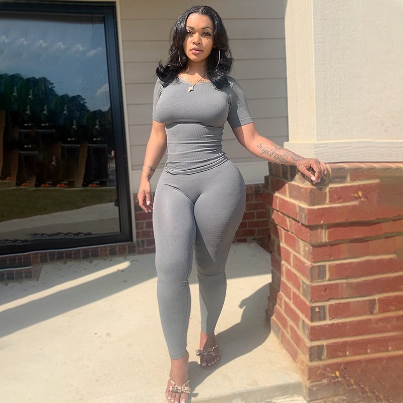 Summer Lounge Wear Women Clothing 2023 Solid Knitted Ribbed Two Piece Jogger Set Women Short Sleeves Skinny Legging Pant Set