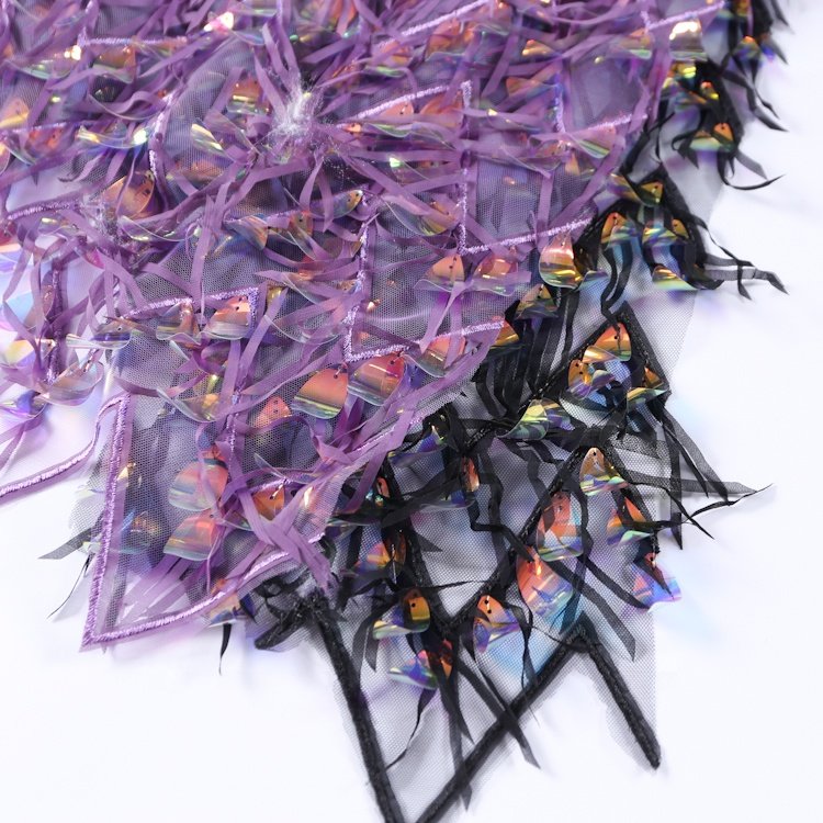 Garment purple mesh long sequin lace luxury embroidery tassel polyester sequin fabric