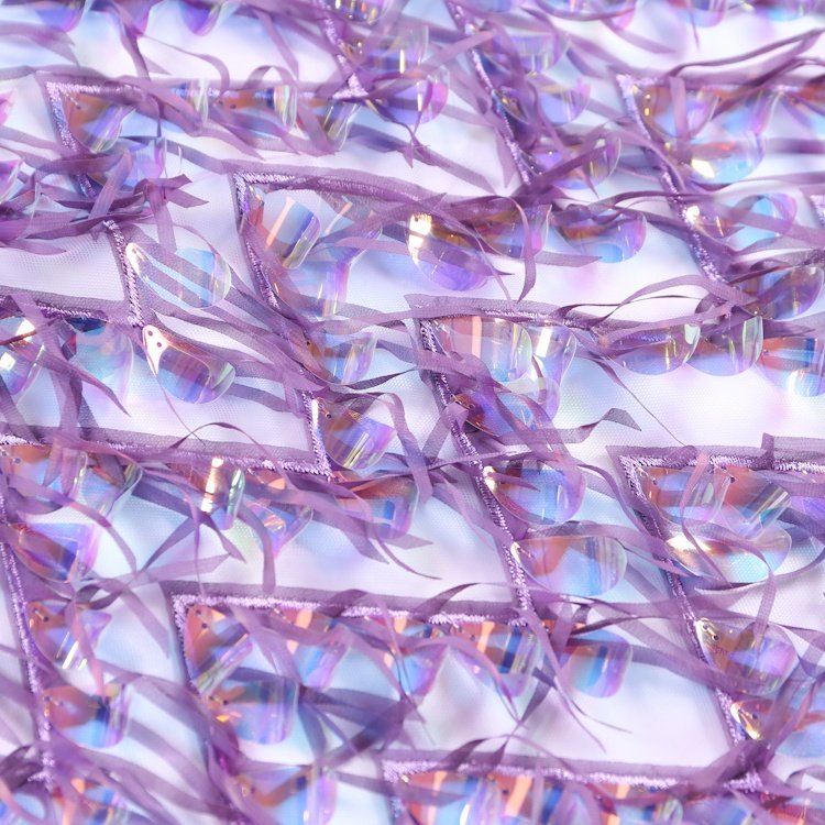 Garment purple mesh long sequin lace luxury embroidery tassel polyester sequin fabric