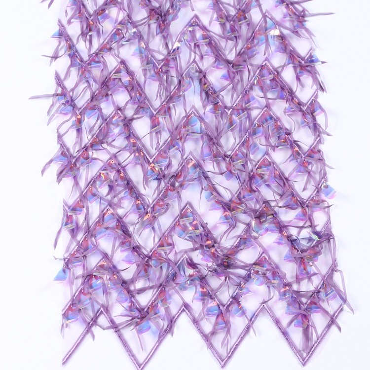 Garment purple mesh long sequin lace luxury embroidery tassel polyester sequin fabric