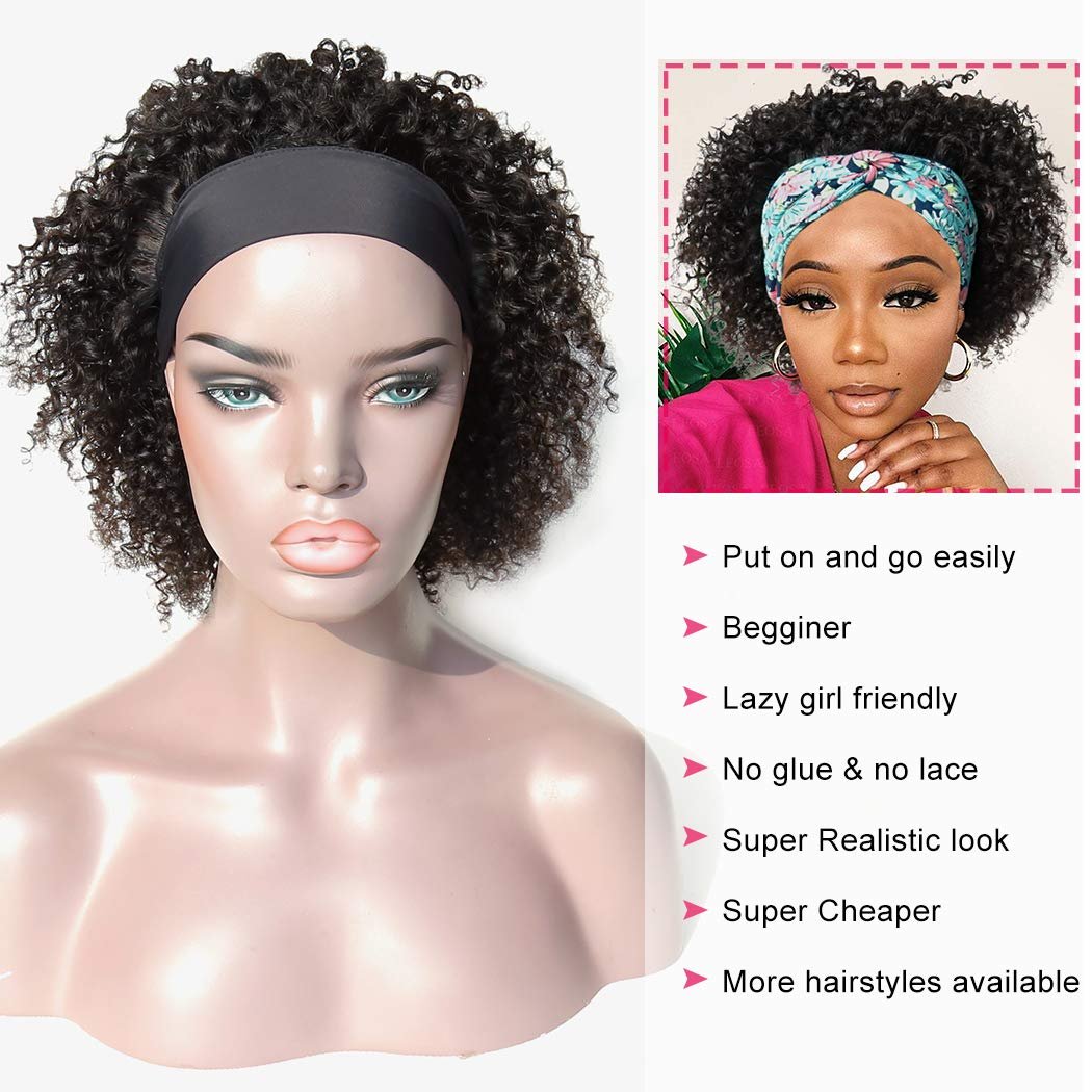 Short Headband Wig 150% Density Glueless Human Hair Curly Headband Wigs for Black Women Bob Pixie Cut None Lace Front Wig