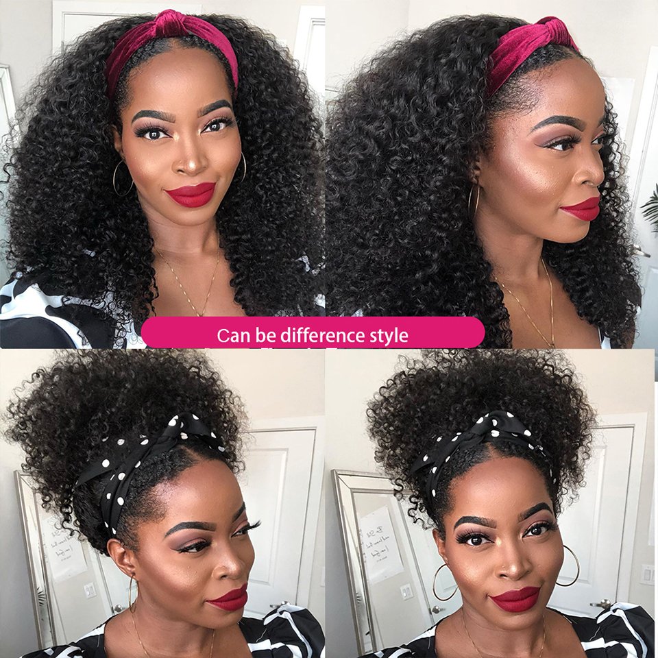 Short Headband Wig 150% Density Glueless Human Hair Curly Headband Wigs for Black Women Bob Pixie Cut None Lace Front Wig