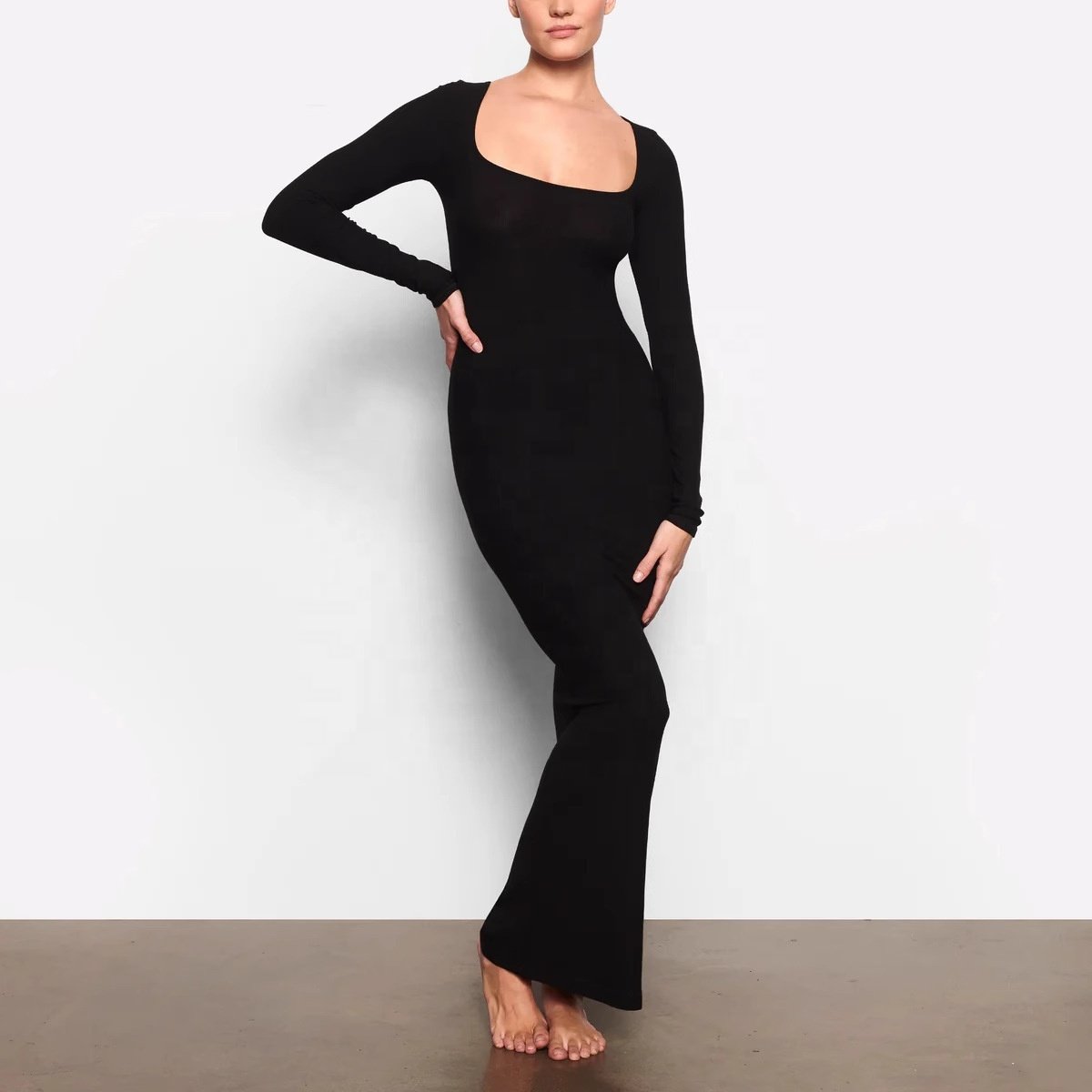 Custom Tight Maxi Ribbed Dresses Women Lady Sexy Long Sleeve Skinny Casual Lounge Shapewear Snatched Slim Knitted Bodycon Dress