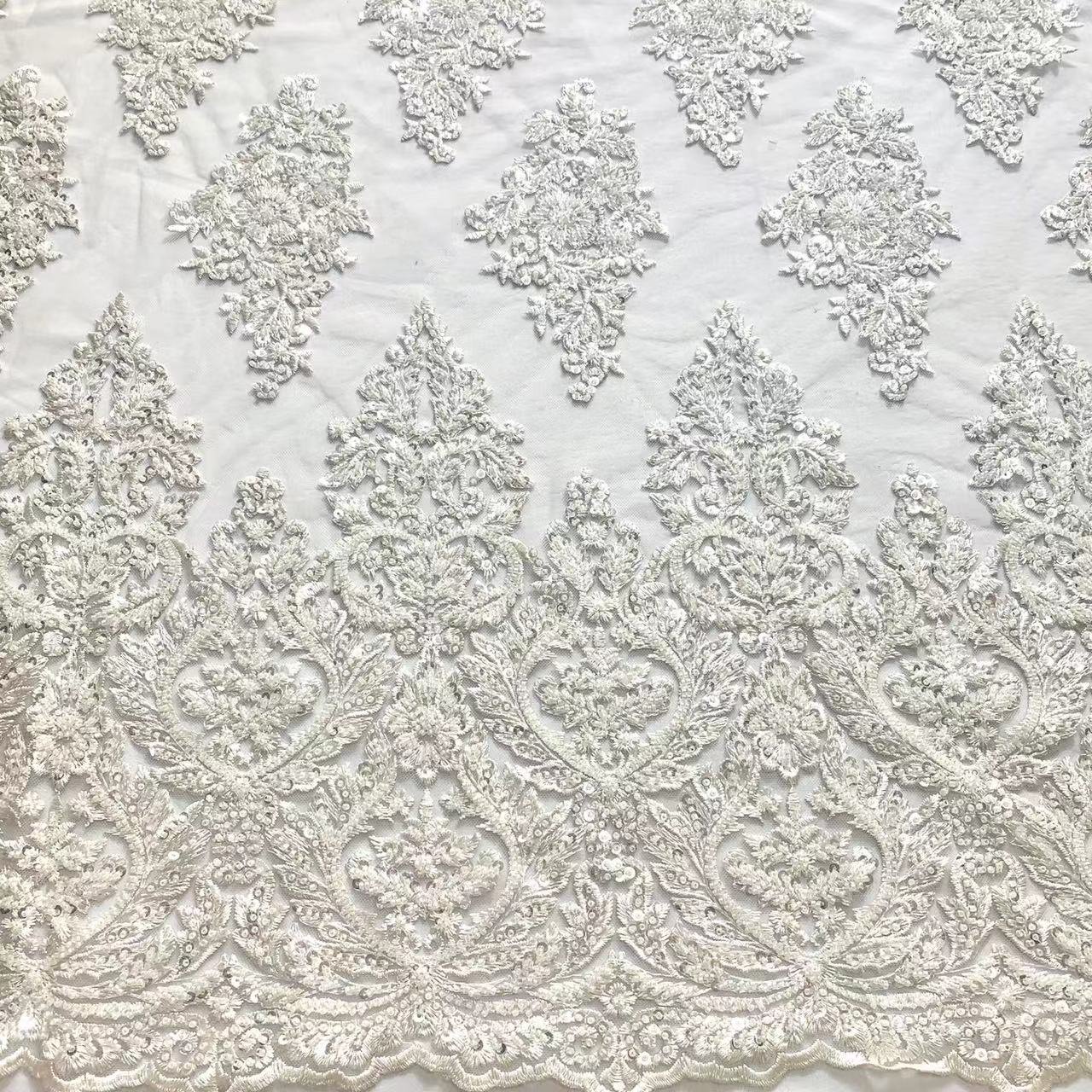 2022 Hot sell white beaded lace fabric luxury beaded tulle fabric for wedding dress